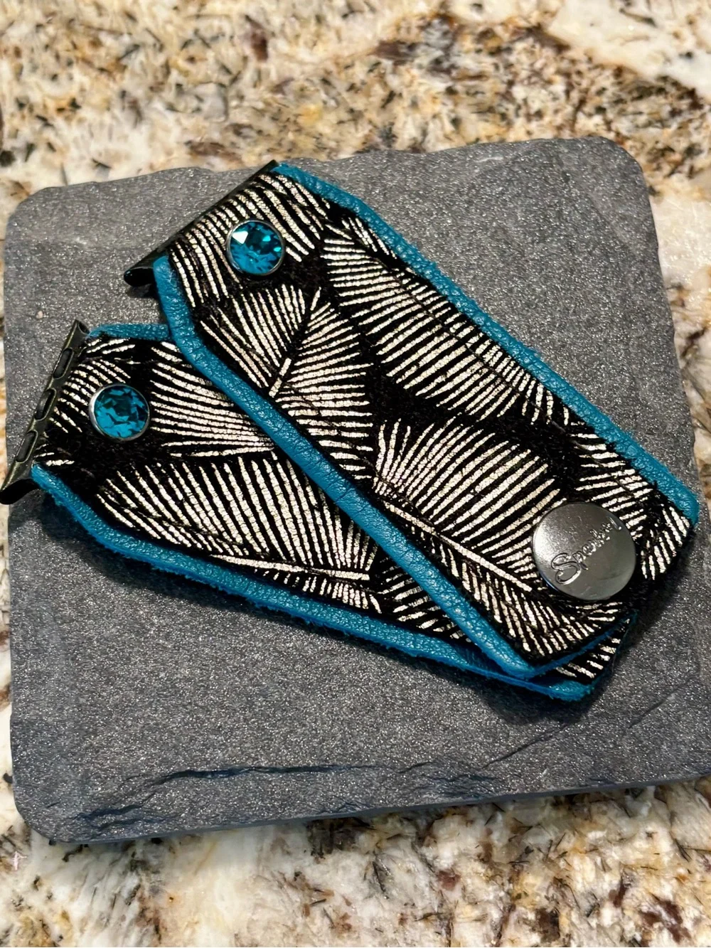 Black & Gold Feather Print Leather Watch Band with Turquoise Trim